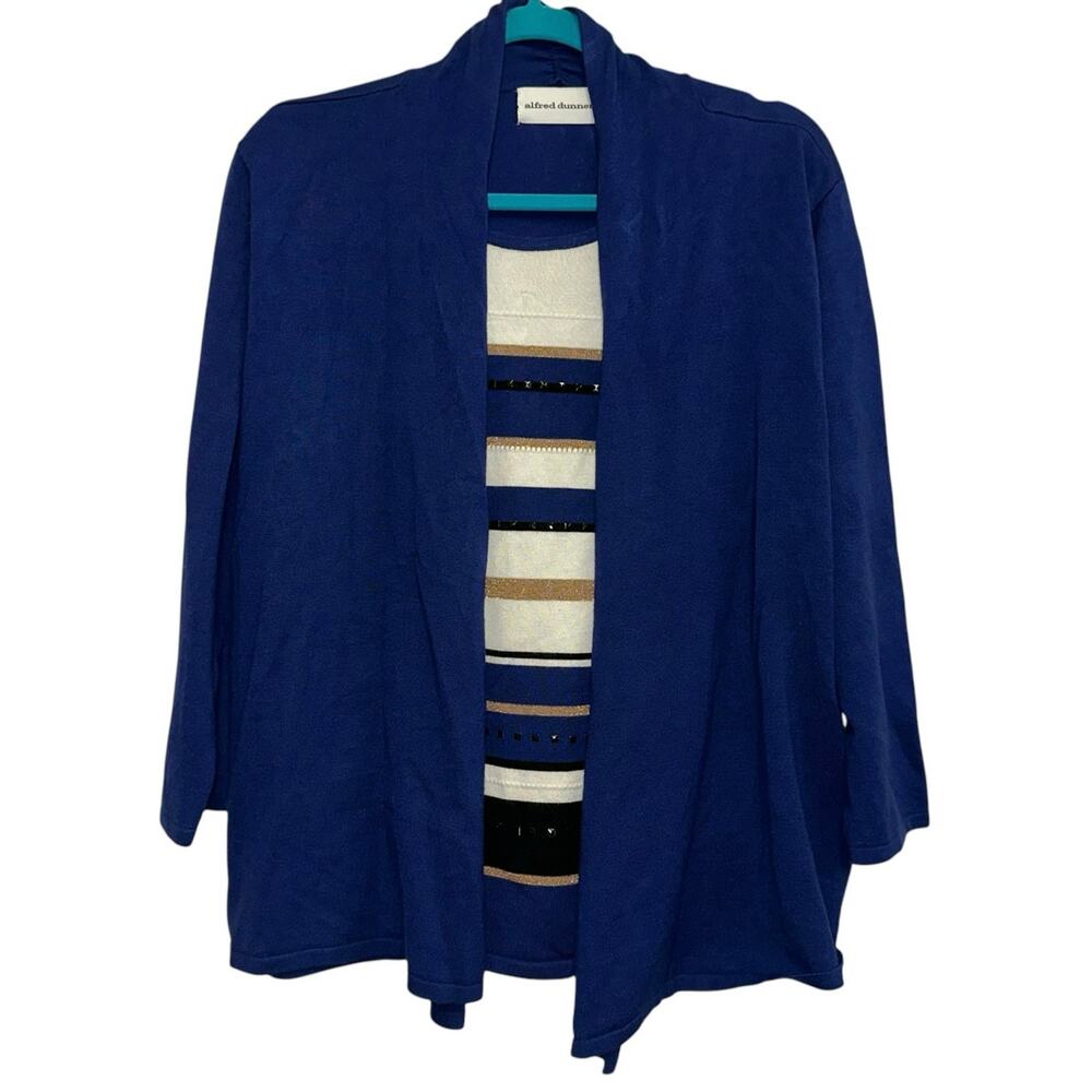 Alfred Dunner Blue Open‎ Front Cardigan Striped Studded Accent Top M